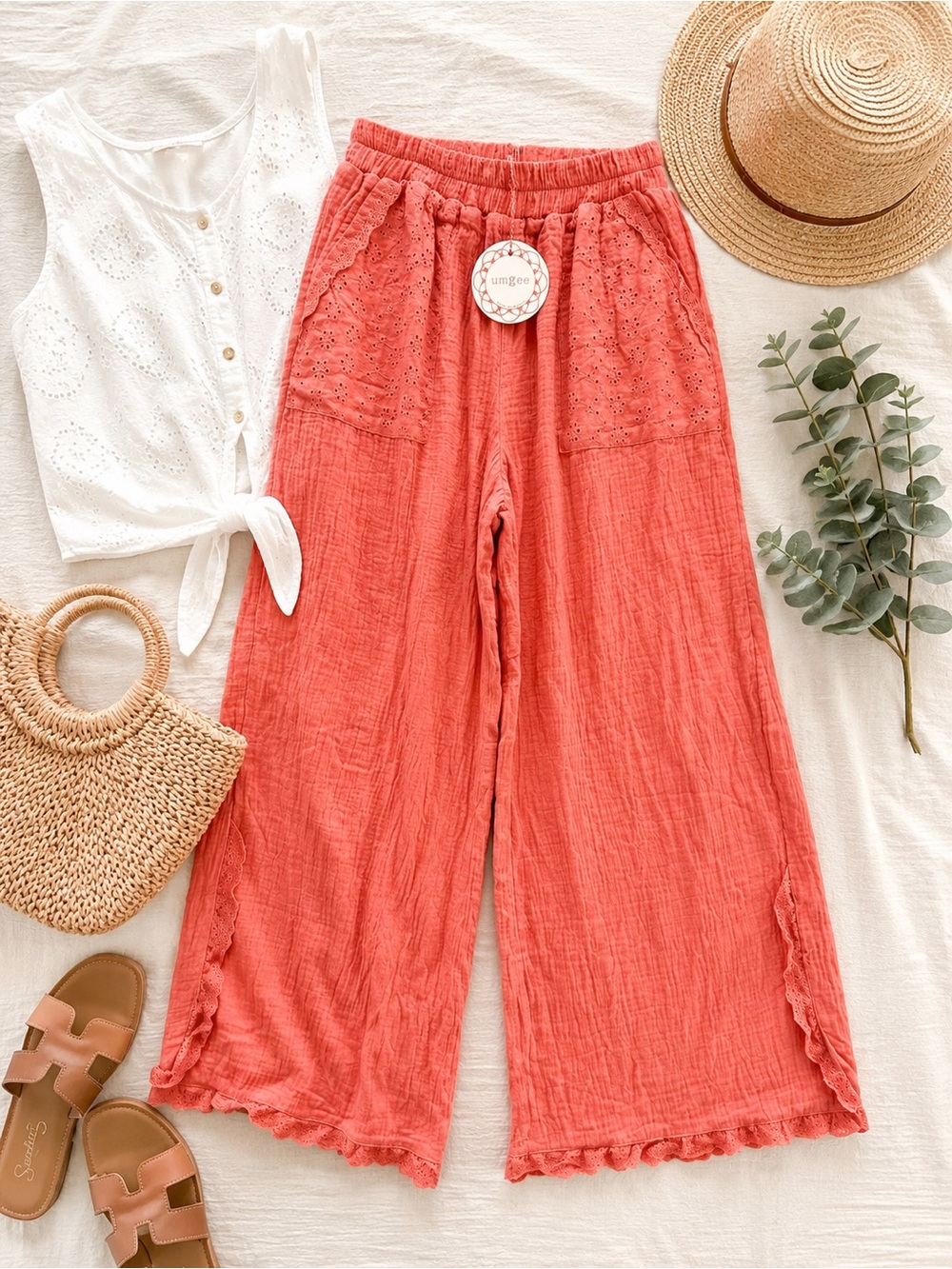 Umgee Coral Wide Leg Cropped Pants